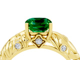 Yellow gold Cushion Cut Solitaire Emerald Leaf-Inspired Vine Band Ring with Prong Setting_4
