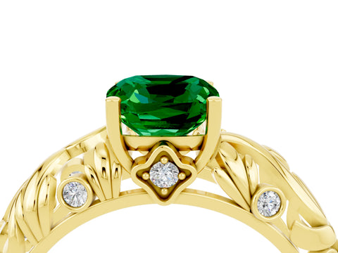 Yellow gold Cushion Cut Solitaire Emerald Leaf-Inspired Vine Band Ring with Prong Setting_4