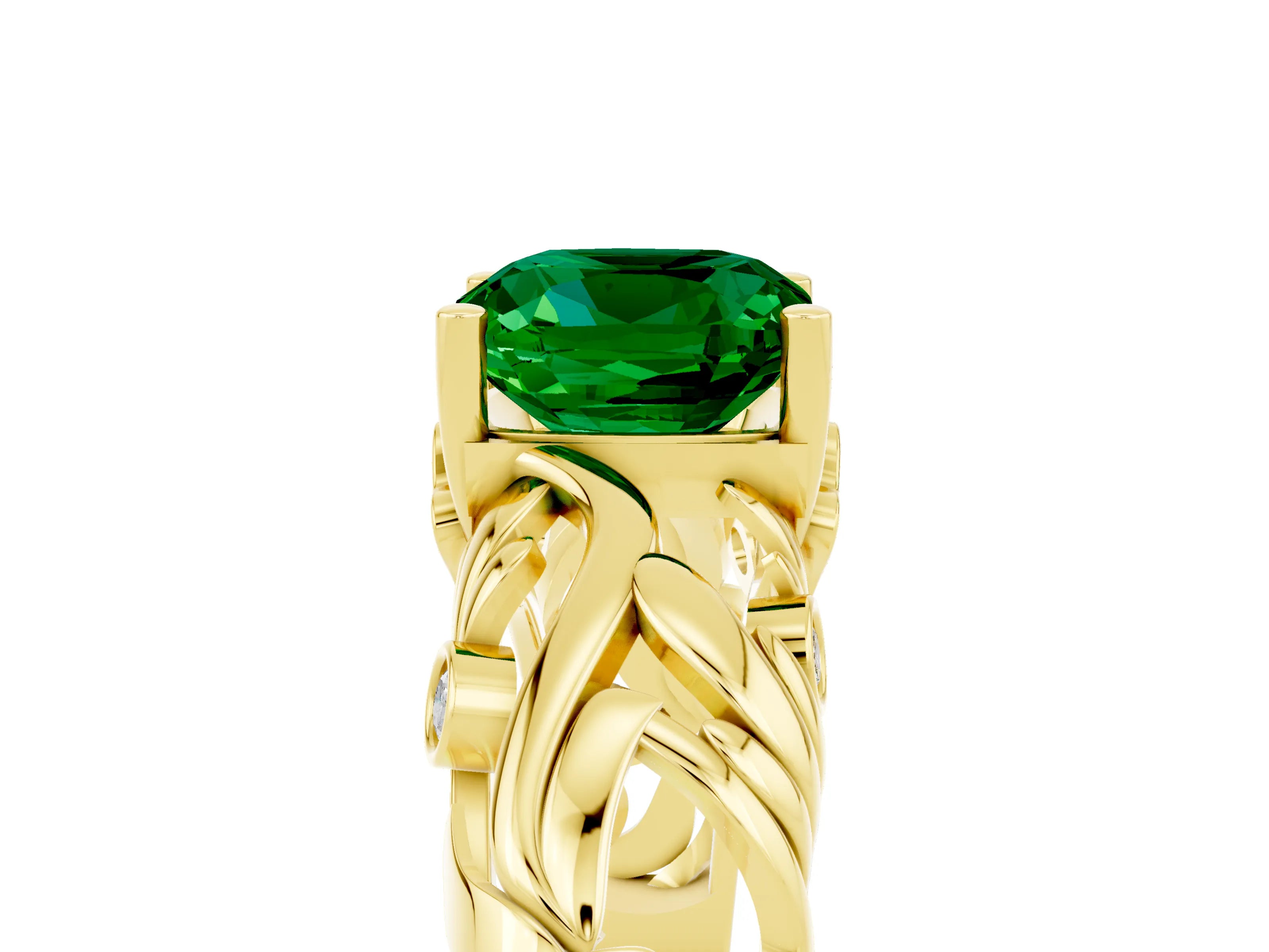 Yellow gold Cushion Cut Solitaire Emerald Leaf-Inspired Vine Band Ring with Prong Setting_5