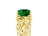Yellow gold Cushion Cut Solitaire Emerald Leaf-Inspired Vine Band Ring with Prong Setting_5