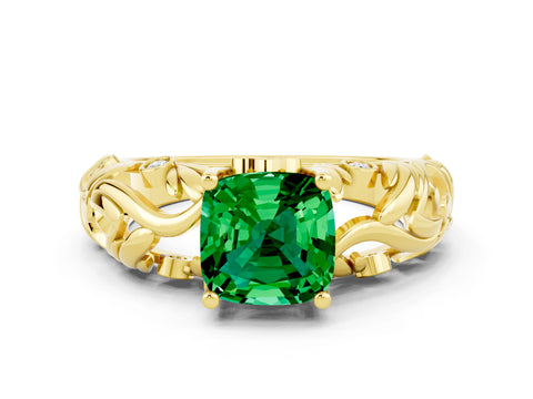 Yellow gold Cushion Cut Solitaire Emerald Leaf-Inspired Vine Band Ring with Prong Setting