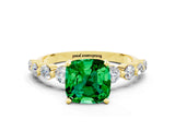 Yellow gold Cushion Cut Solitaire Emerald Ring with Pave Band and Four-Prong Setting
