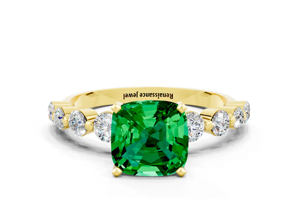 Yellow gold Cushion Cut Solitaire Emerald Ring with Pave Band and Four-Prong Setting