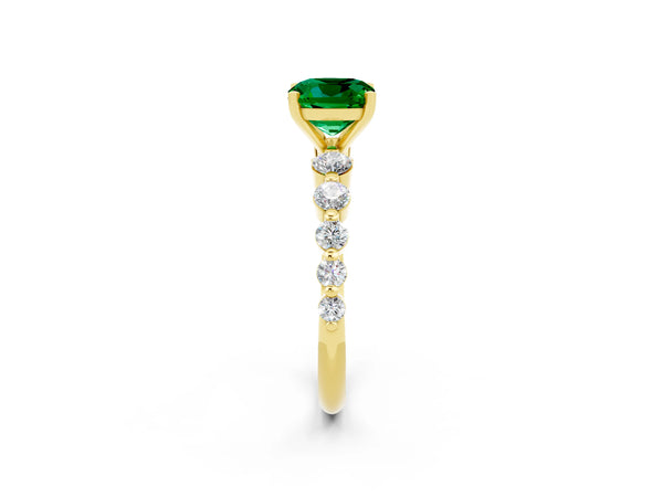 Yellow gold Cushion Cut Solitaire Emerald Ring with Pave Band and Four-Prong Setting