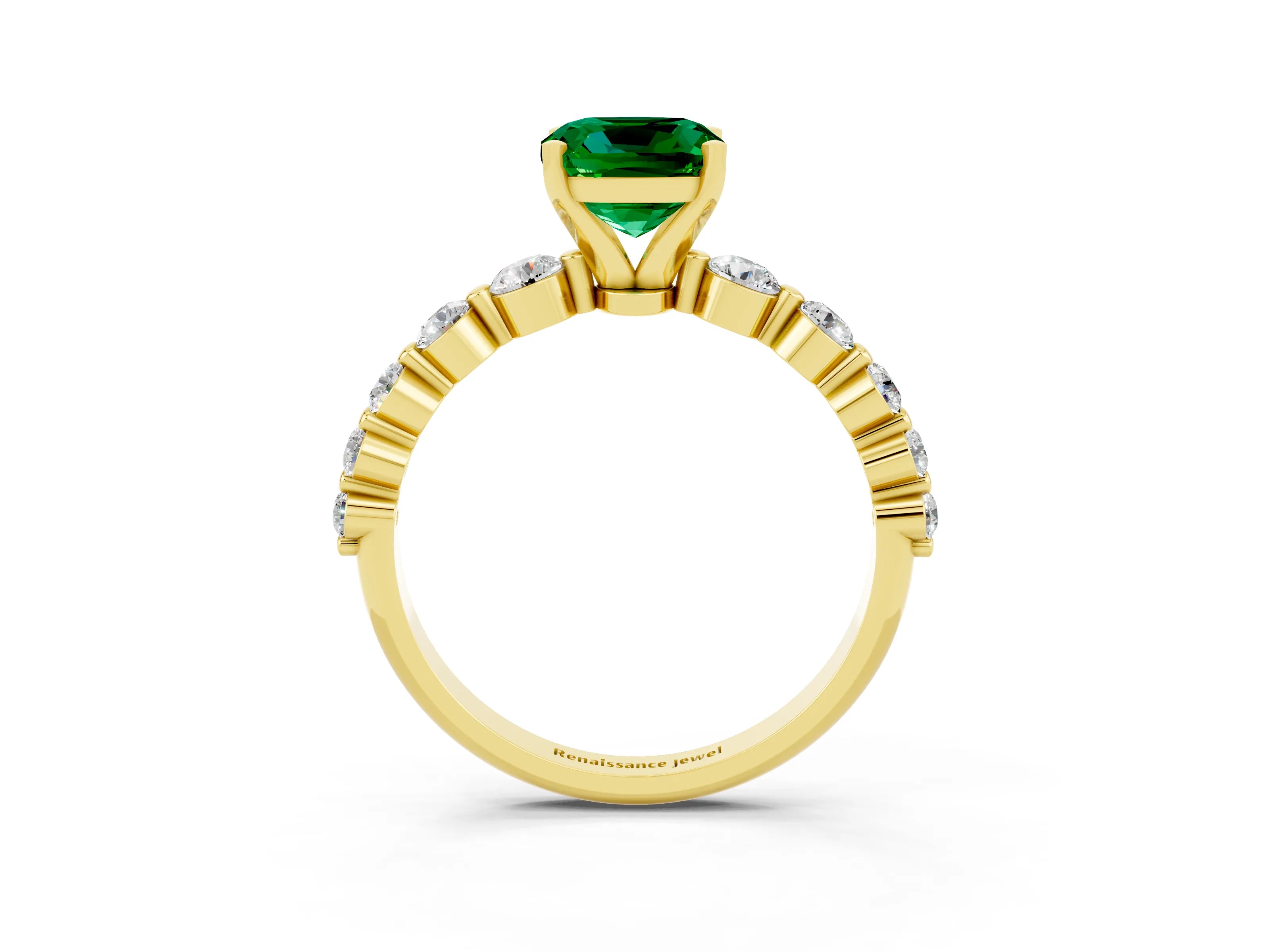 Yellow gold Cushion Cut Solitaire Emerald Ring with Pave Band and Four-Prong Setting_3
