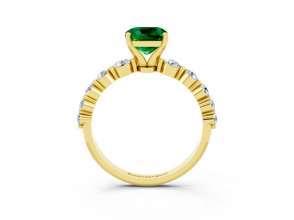 Yellow gold Cushion Cut Solitaire Emerald Ring with Pave Band and Four-Prong Setting