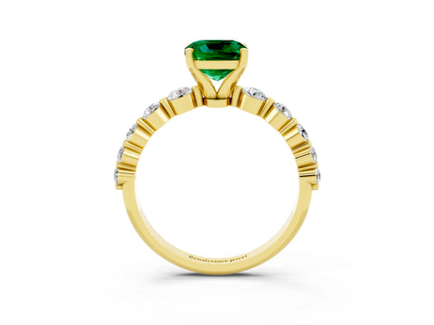 Yellow gold Cushion Cut Solitaire Emerald Ring with Pave Band and Four-Prong Setting_3