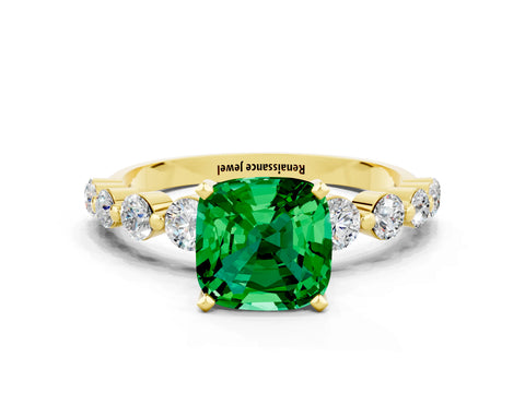 Yellow gold Cushion Cut Solitaire Emerald Ring with Pave Band and Four-Prong Setting