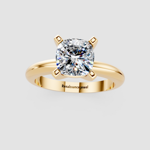 Yellow gold Cushion Cut Solitaire Engagement Ring with Round Band and Four-Prong Setting 1