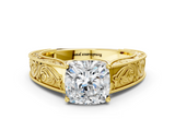 Yellow gold Cushion Cut Solitaire Engraved Band with Four-Prong Setting_61