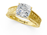 Yellow gold Cushion Cut Solitaire Engraved Band with Four-Prong Setting_62