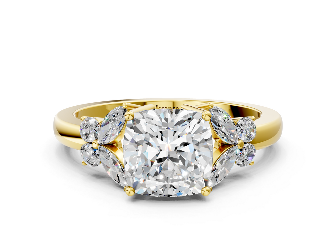 Yellow gold Cushion Cut Solitaire Floral Diamond Ring with Four-Prong Setting_37