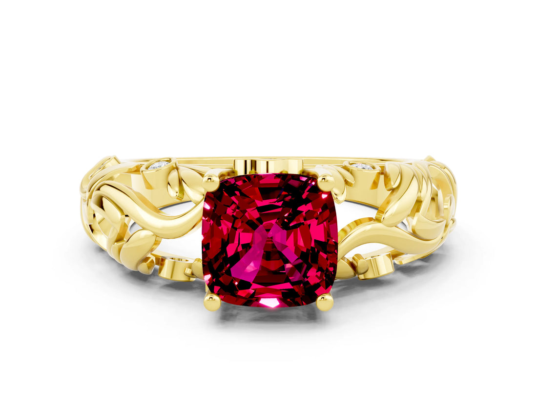 Yellow gold Cushion Cut Solitaire Garnet Leaf-Inspired Vine Band Ring with Prong Setting