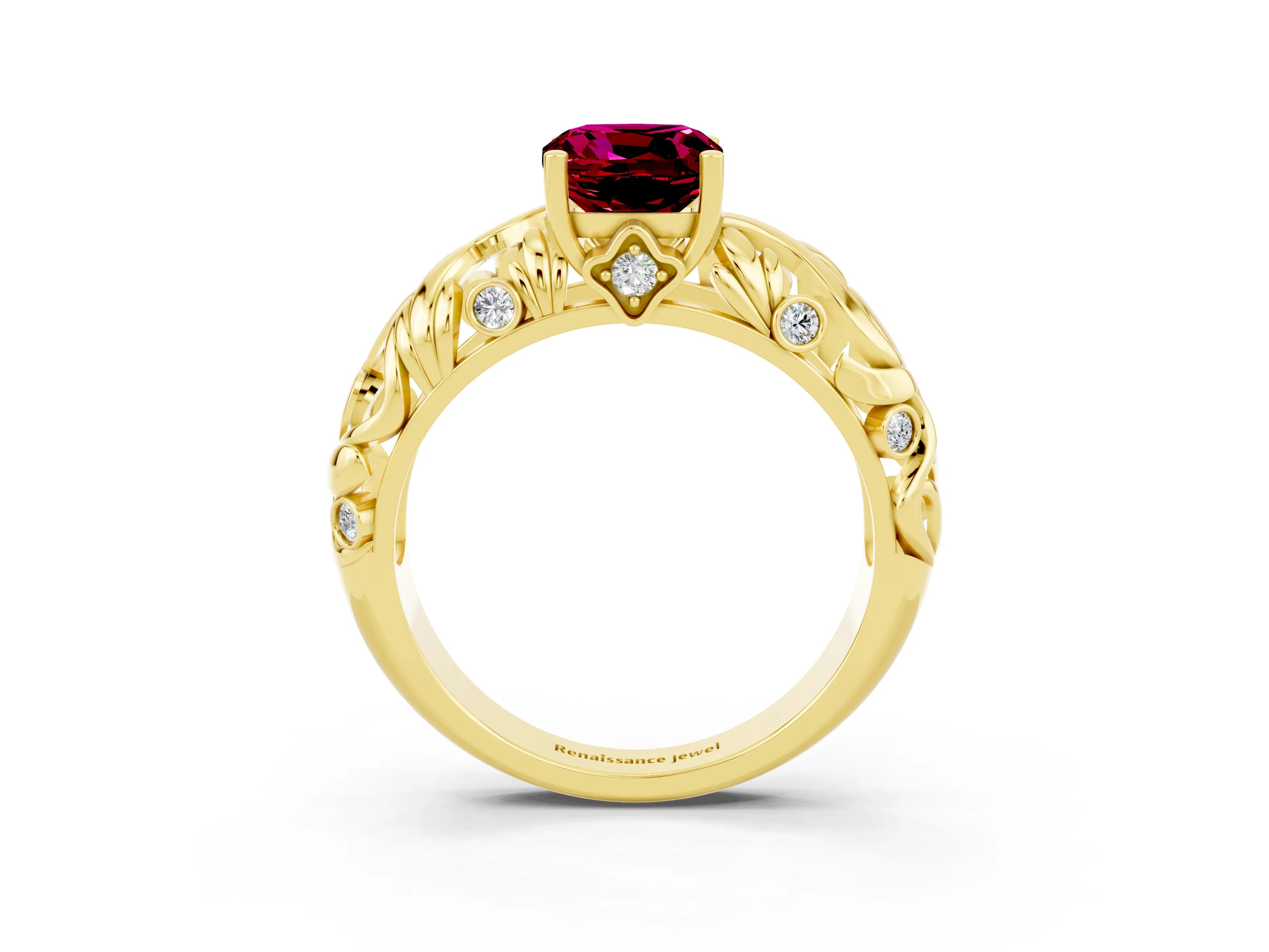Yellow gold Cushion Cut Solitaire Garnet Leaf-Inspired Vine Band Ring with Prong Setting_3