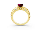 Yellow gold Cushion Cut Solitaire Garnet Leaf-Inspired Vine Band Ring with Prong Setting_3