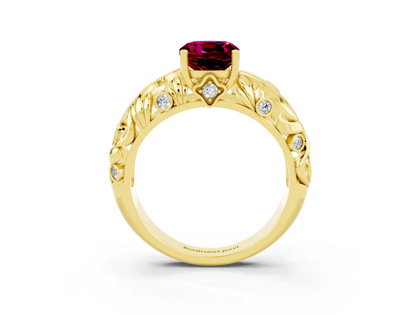 Yellow gold Cushion Cut Solitaire Garnet Leaf-Inspired Vine Band Ring with Prong Setting