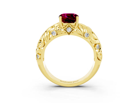 Yellow gold Cushion Cut Solitaire Garnet Leaf-Inspired Vine Band Ring with Prong Setting_3