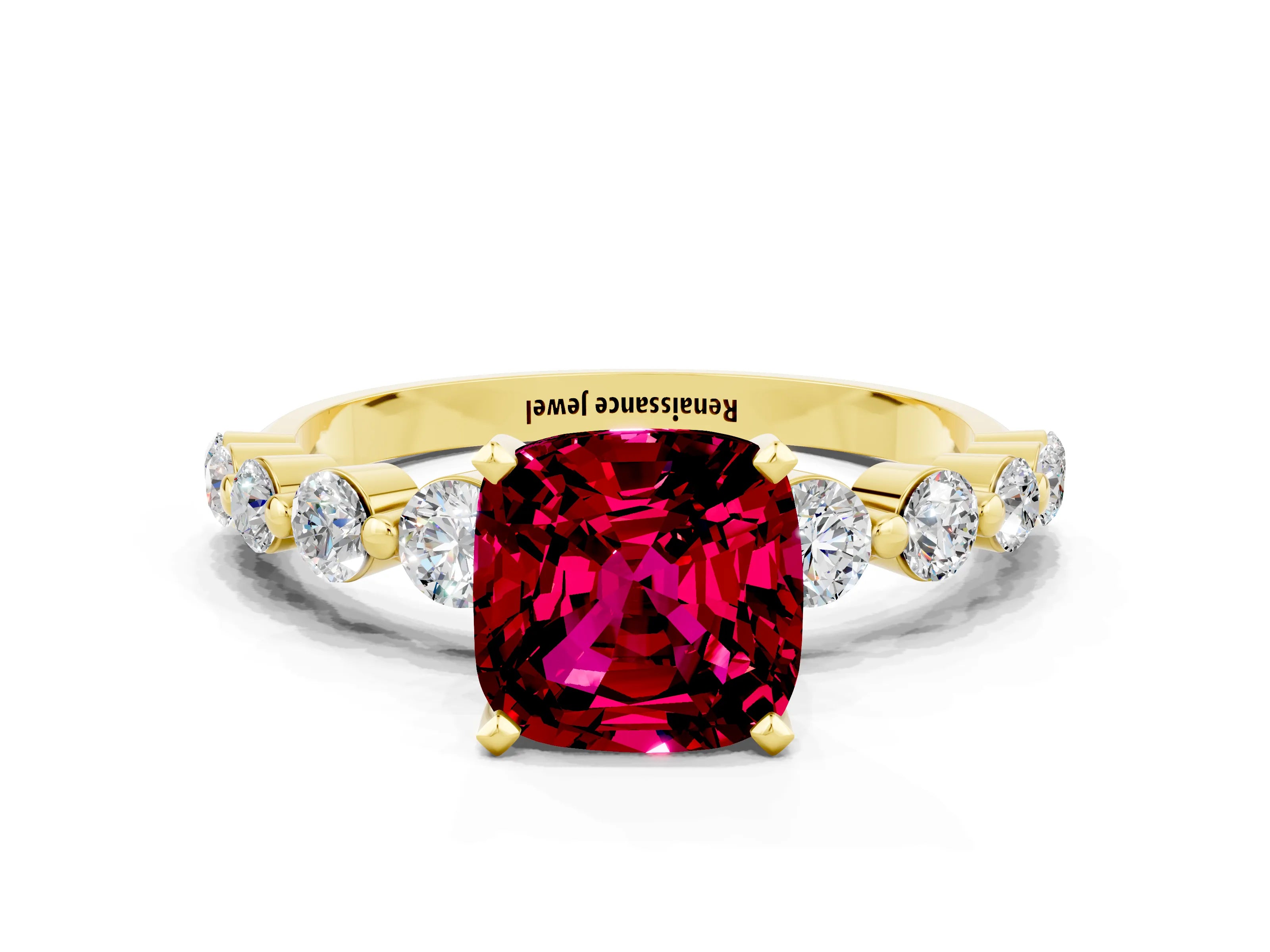 Yellow gold Cushion Cut Solitaire Garnet Ring with Pave Band and Four-Prong Setting
