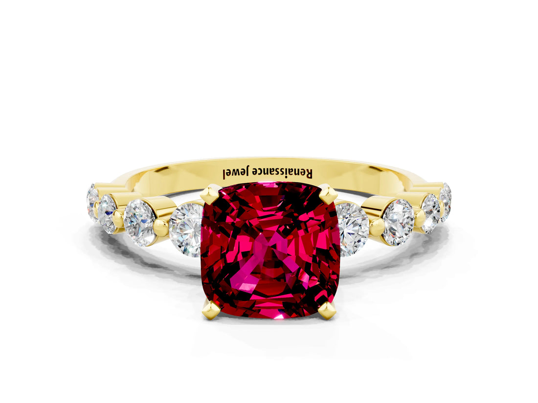 Yellow gold Cushion Cut Solitaire Garnet Ring with Pave Band and Four-Prong Setting