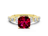 Yellow gold Cushion Cut Solitaire Garnet Ring with Pave Band and Four-Prong Setting