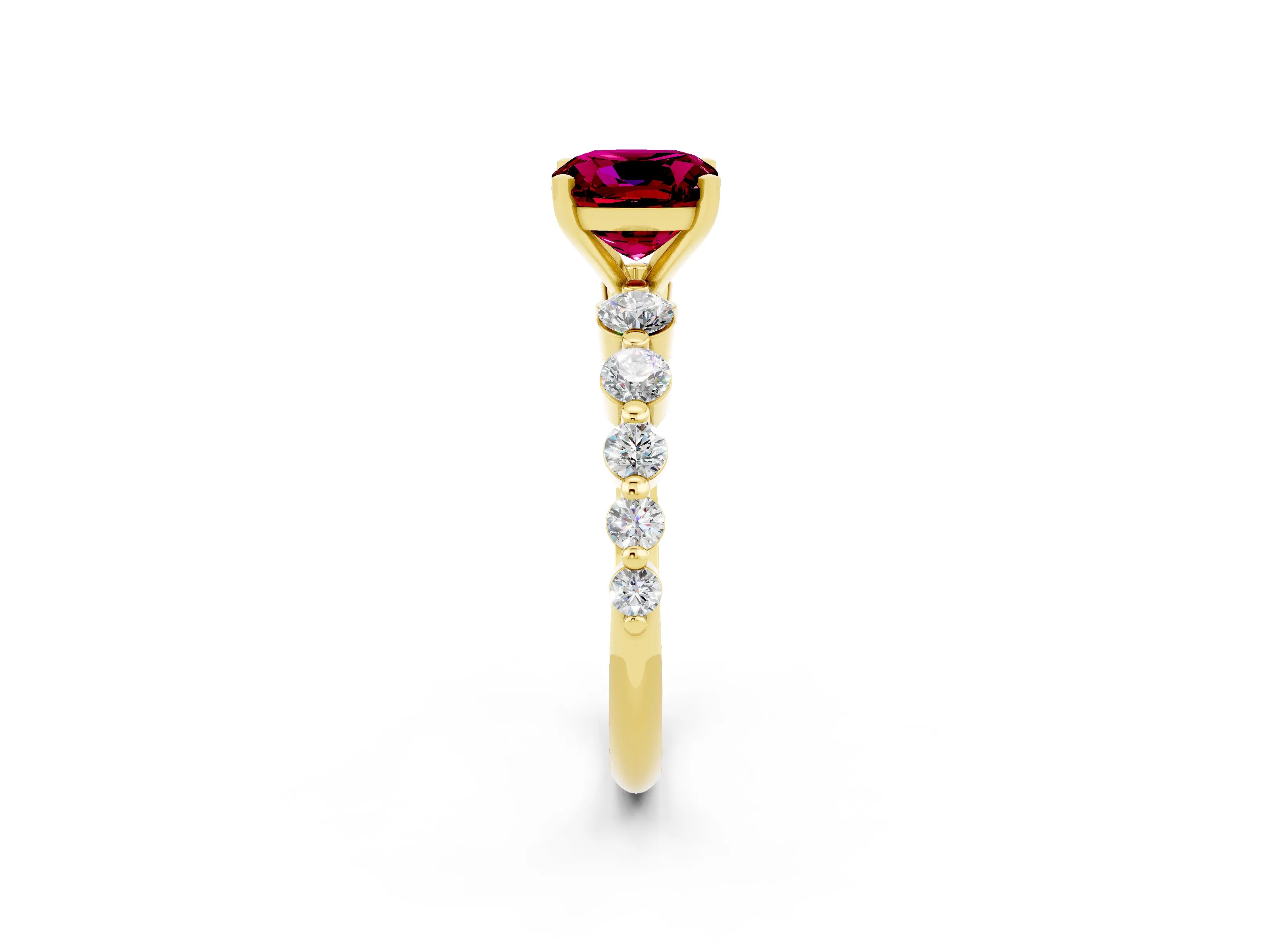 Yellow gold Cushion Cut Solitaire Garnet Ring with Pave Band and Four-Prong Setting_2