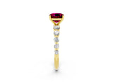 Yellow gold Cushion Cut Solitaire Garnet Ring with Pave Band and Four-Prong Setting_2