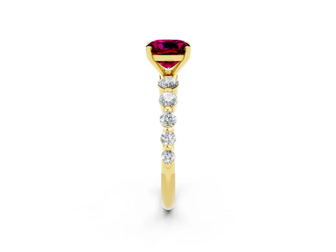 Yellow gold Cushion Cut Solitaire Garnet Ring with Pave Band and Four-Prong Setting_2