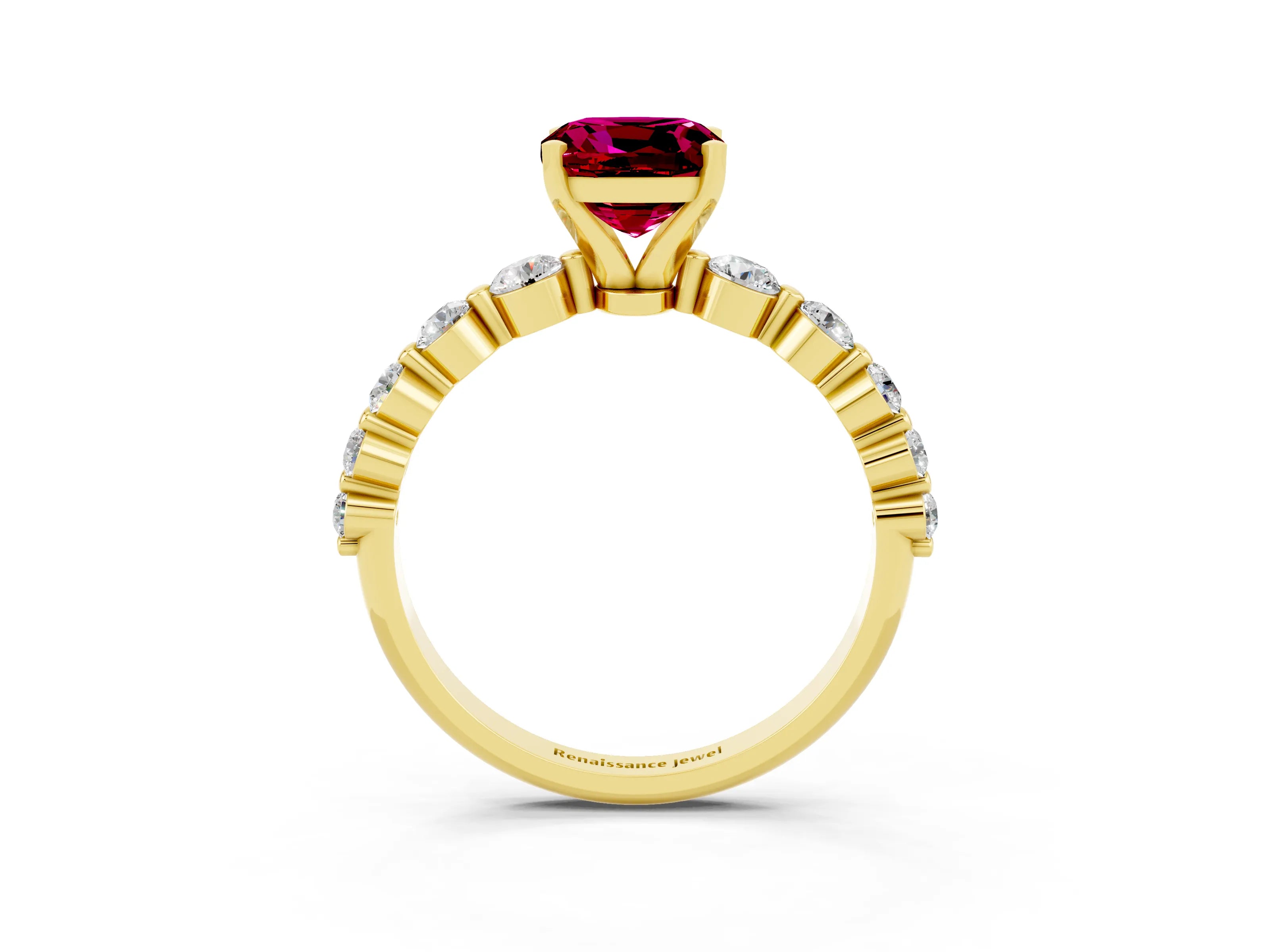 Yellow gold Cushion Cut Solitaire Garnet Ring with Pave Band and Four-Prong Setting_3