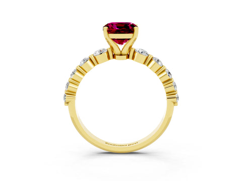 Yellow gold Cushion Cut Solitaire Garnet Ring with Pave Band and Four-Prong Setting_3