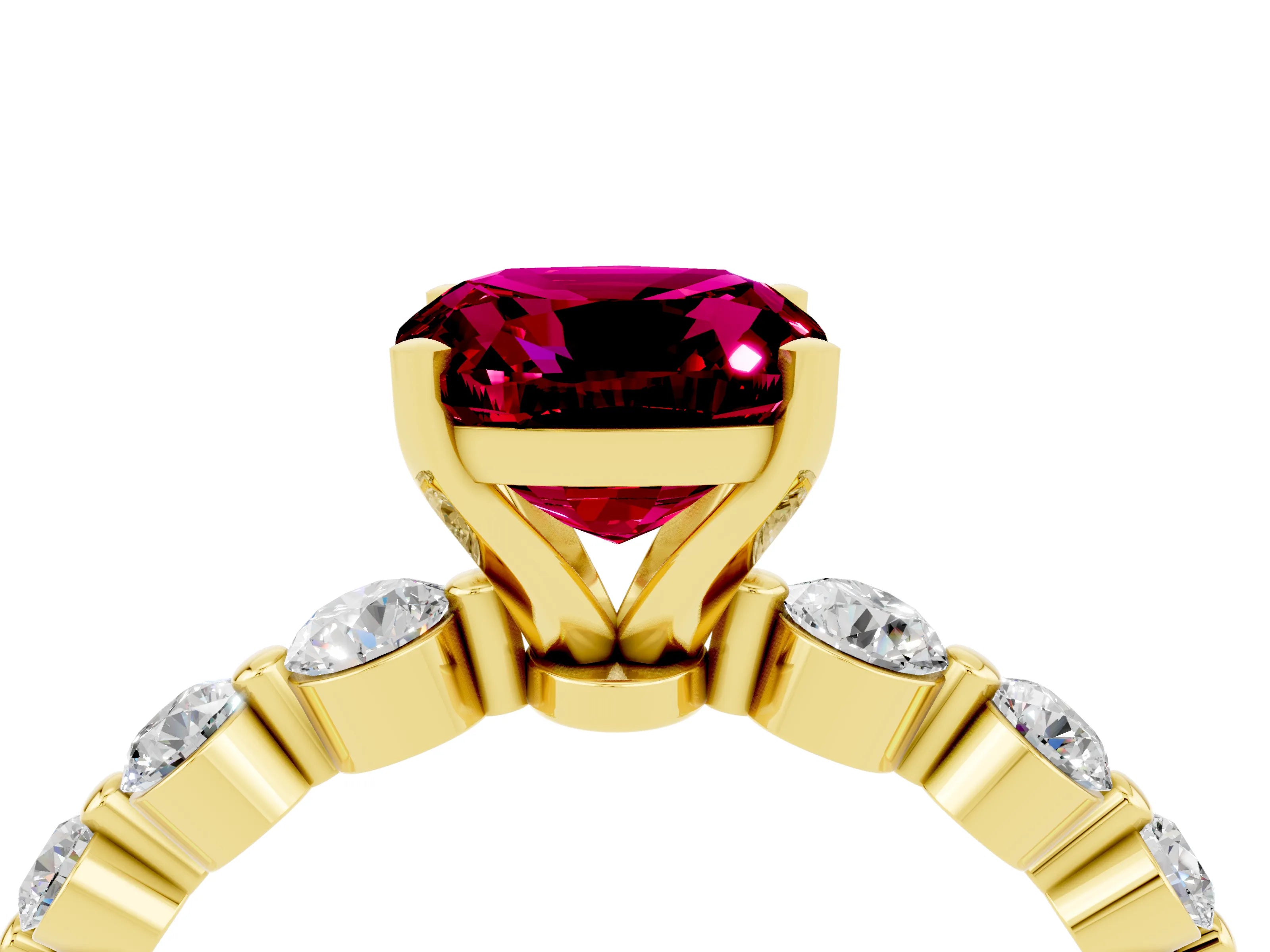 Yellow gold Cushion Cut Solitaire Garnet Ring with Pave Band and Four-Prong Setting_4