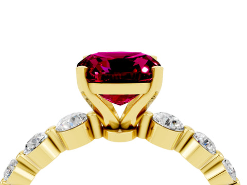 Yellow gold Cushion Cut Solitaire Garnet Ring with Pave Band and Four-Prong Setting_4