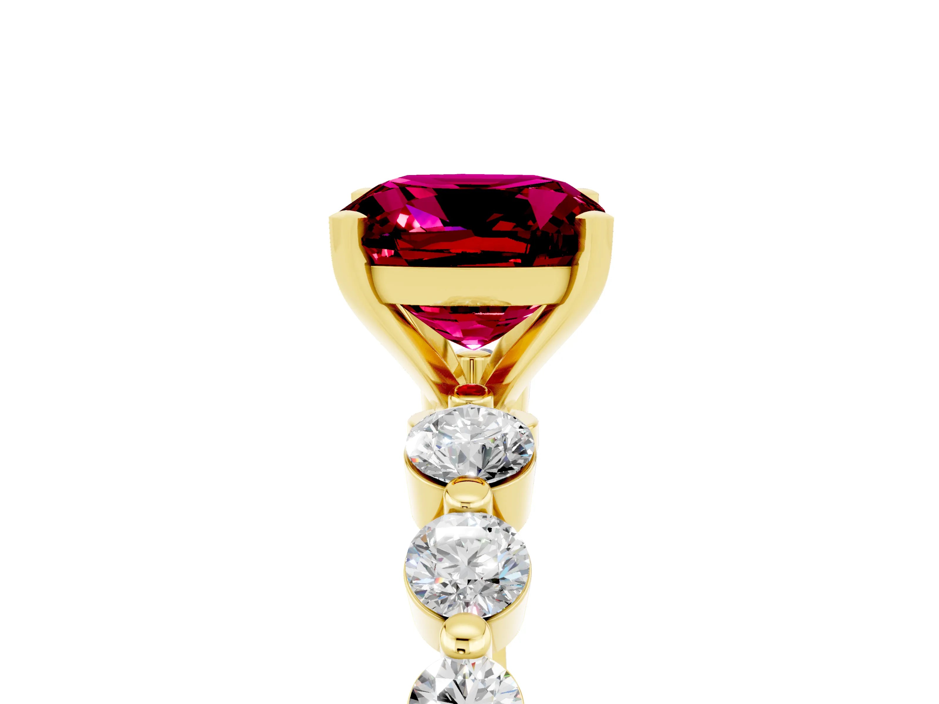 Yellow gold Cushion Cut Solitaire Garnet Ring with Pave Band and Four-Prong Setting_5