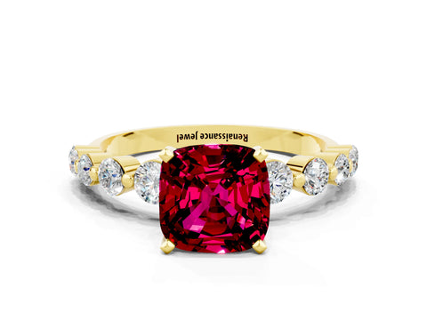 Yellow gold Cushion Cut Solitaire Garnet Ring with Pave Band and Four-Prong Setting