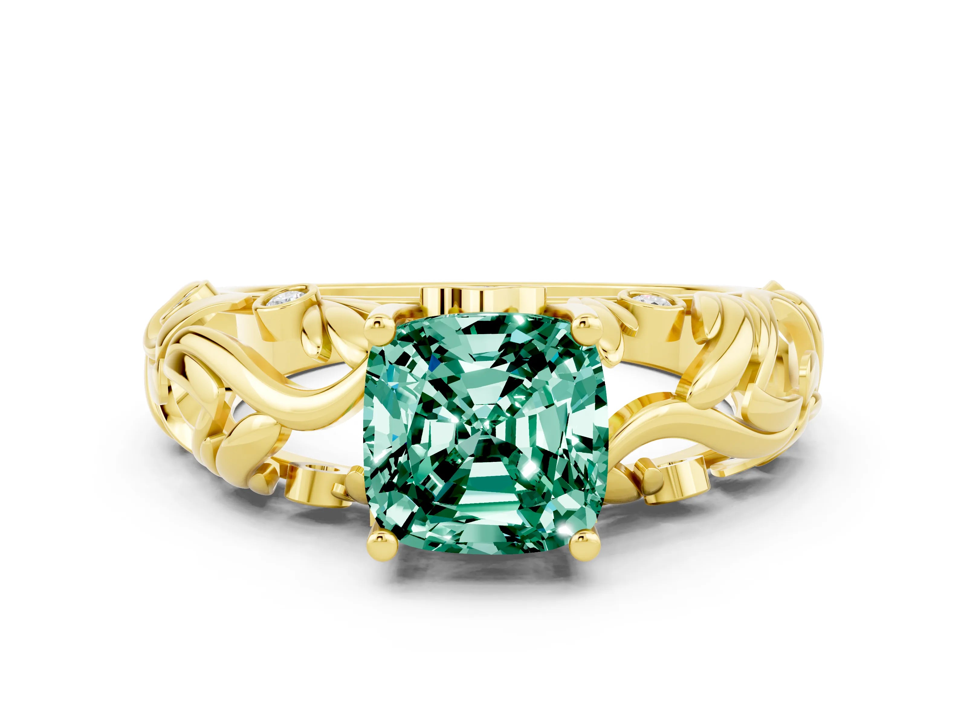 Yellow gold Cushion Cut Solitaire Green Sapphire Leaf-Inspired Vine Band Ring with Prong Setting