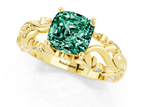 Yellow gold Cushion Cut Solitaire Green Sapphire Leaf-Inspired Vine Band Ring with Prong Setting_1