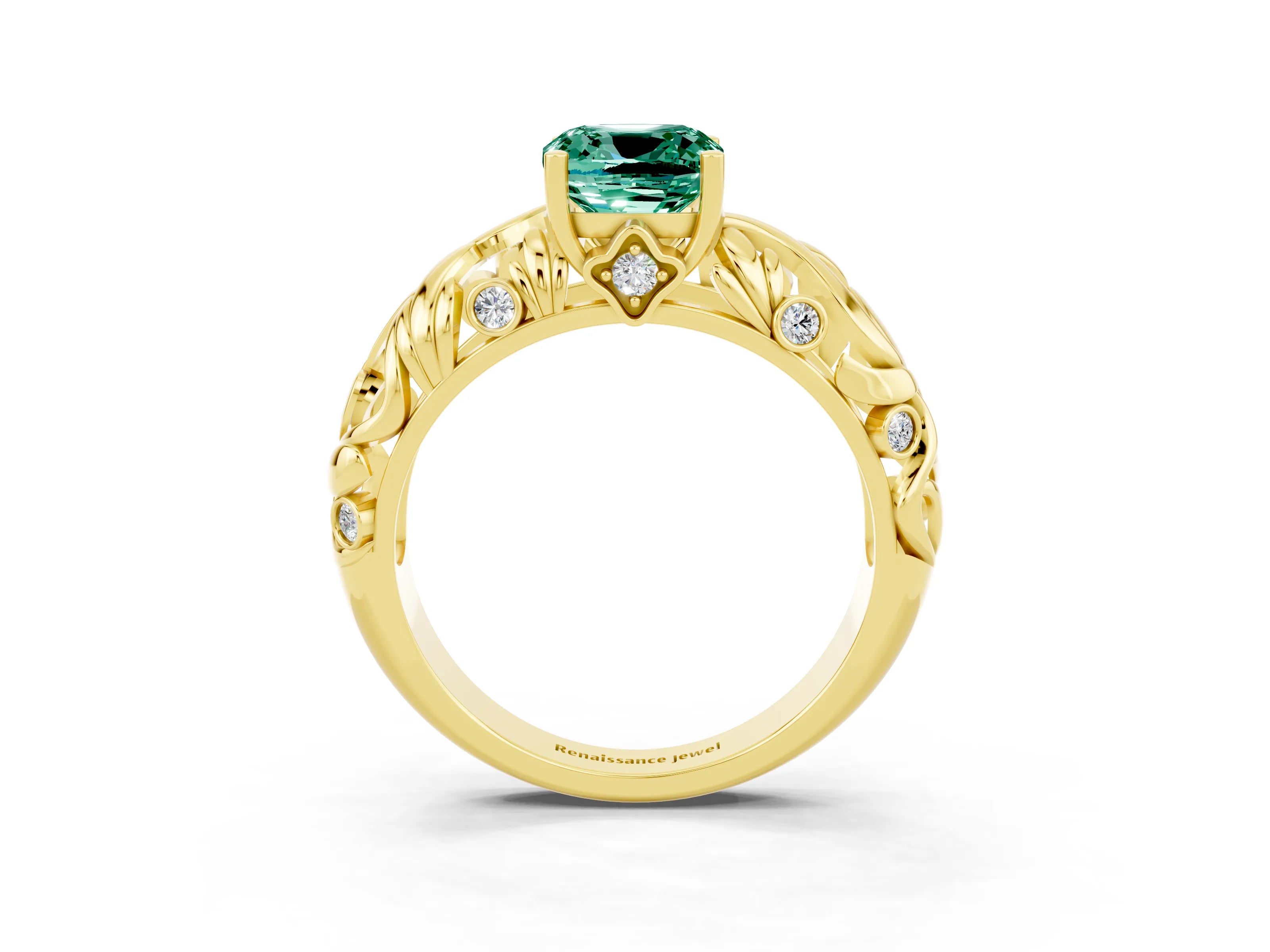 Yellow gold Cushion Cut Solitaire Green Sapphire Leaf-Inspired Vine Band Ring with Prong Setting_3