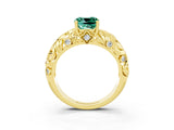 Yellow gold Cushion Cut Solitaire Green Sapphire Leaf-Inspired Vine Band Ring with Prong Setting_3