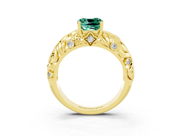 Yellow gold Cushion Cut Solitaire Green Sapphire Leaf-Inspired Vine Band Ring with Prong Setting