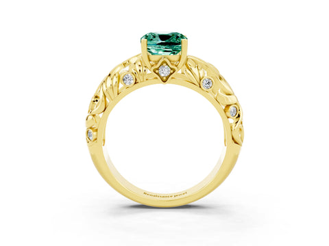 Yellow gold Cushion Cut Solitaire Green Sapphire Leaf-Inspired Vine Band Ring with Prong Setting_3
