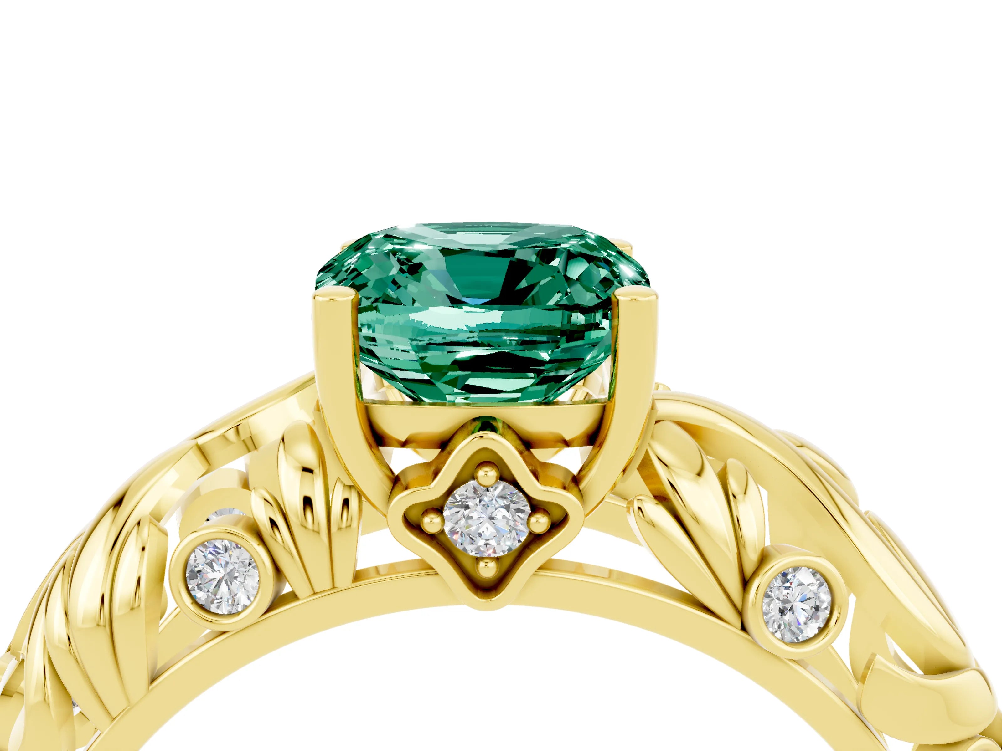 Yellow gold Cushion Cut Solitaire Green Sapphire Leaf-Inspired Vine Band Ring with Prong Setting_4