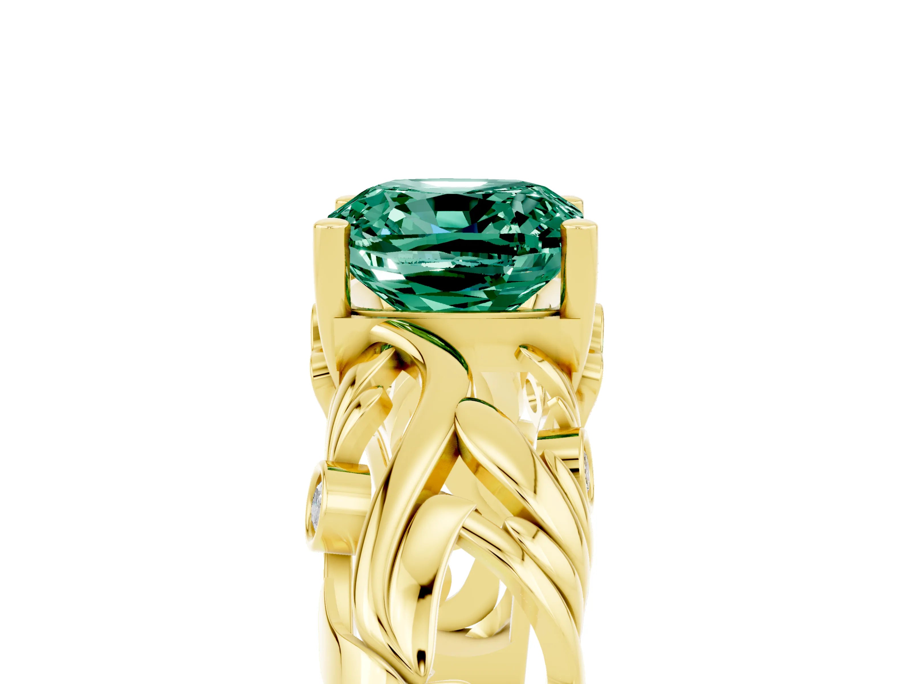 Yellow gold Cushion Cut Solitaire Green Sapphire Leaf-Inspired Vine Band Ring with Prong Setting_5
