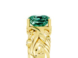 Yellow gold Cushion Cut Solitaire Green Sapphire Leaf-Inspired Vine Band Ring with Prong Setting_5