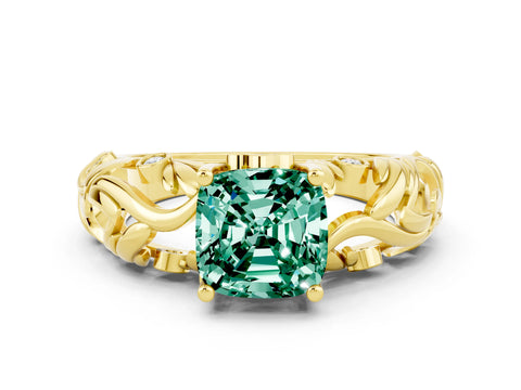 Yellow gold Cushion Cut Solitaire Green Sapphire Leaf-Inspired Vine Band Ring with Prong Setting