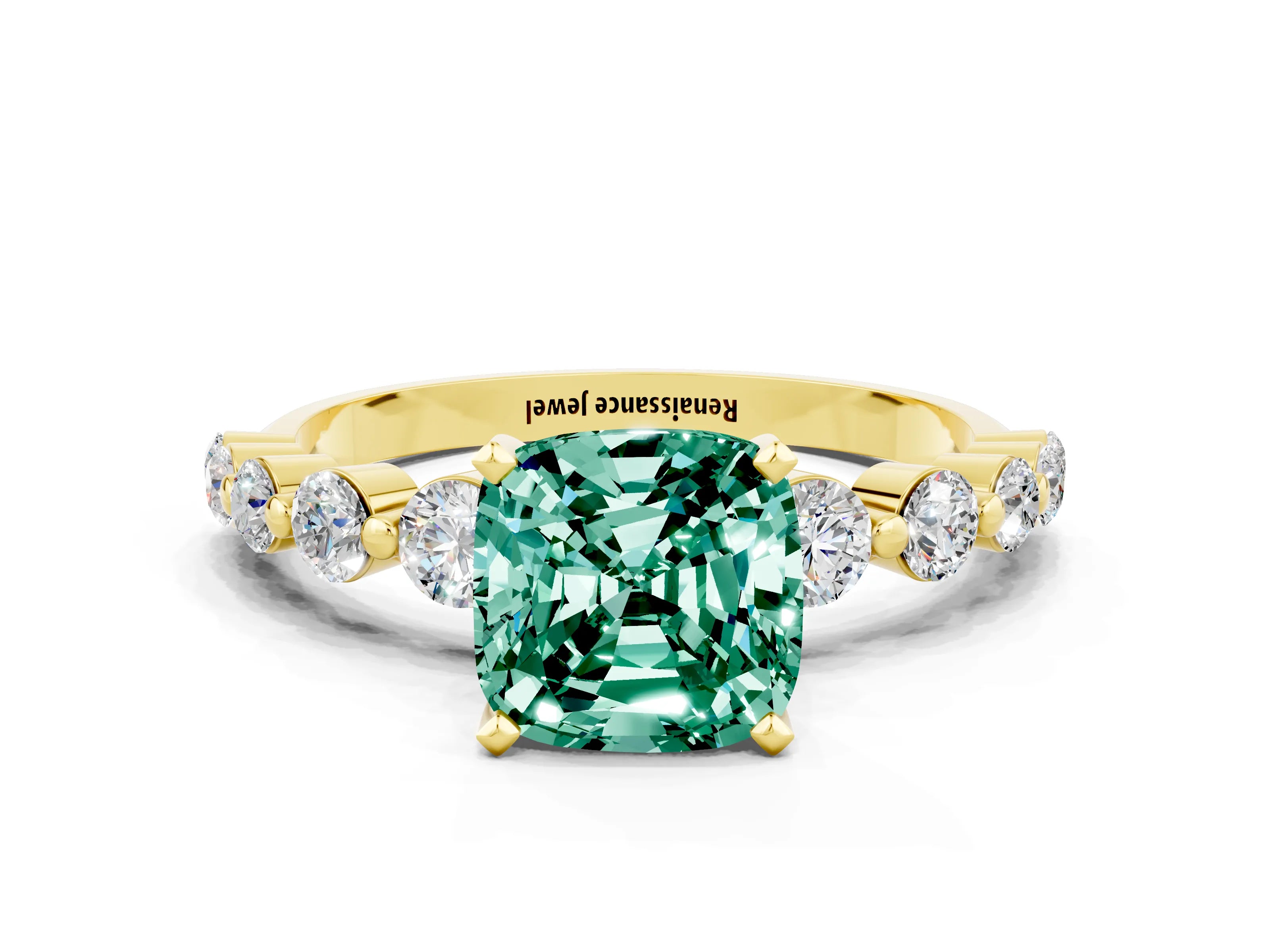 Yellow gold Cushion Cut Solitaire Green Sapphire Ring with Pave Band and Four-Prong Setting
