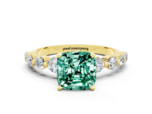 Yellow gold Cushion Cut Solitaire Green Sapphire Ring with Pave Band and Four-Prong Setting