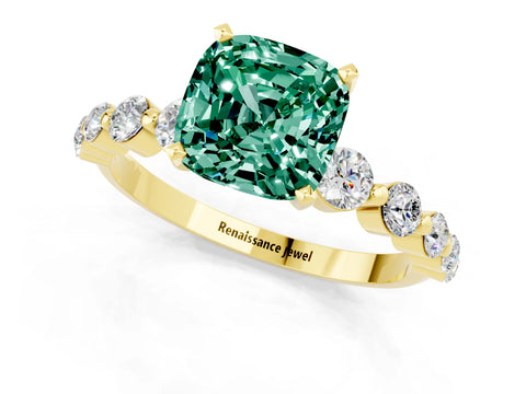 Yellow gold Cushion Cut Solitaire Green Sapphire Ring with Pave Band and Four-Prong Setting_1