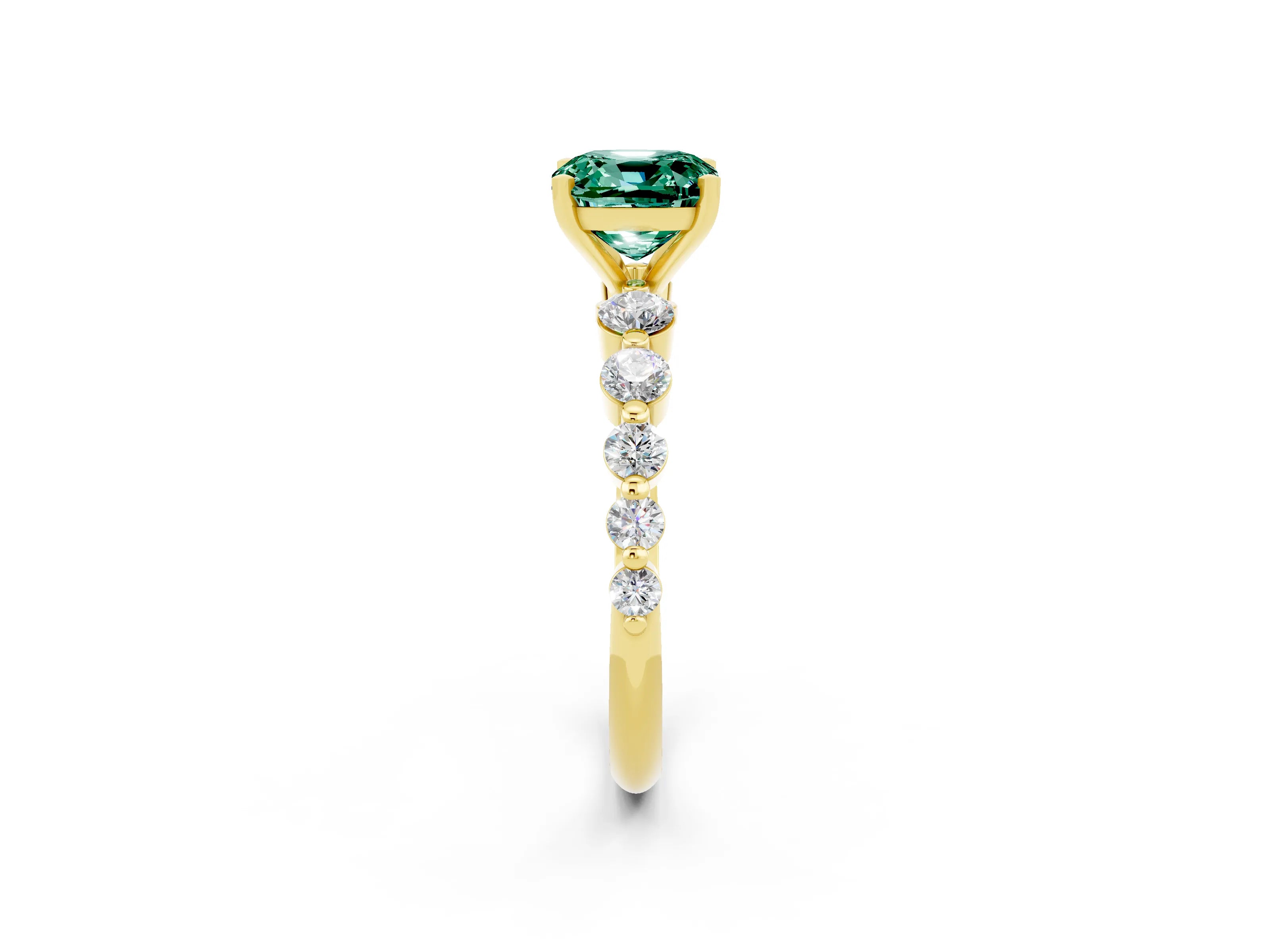 Yellow gold Cushion Cut Solitaire Green Sapphire Ring with Pave Band and Four-Prong Setting_2