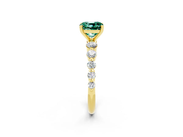 Yellow gold Cushion Cut Solitaire Green Sapphire Ring with Pave Band and Four-Prong Setting