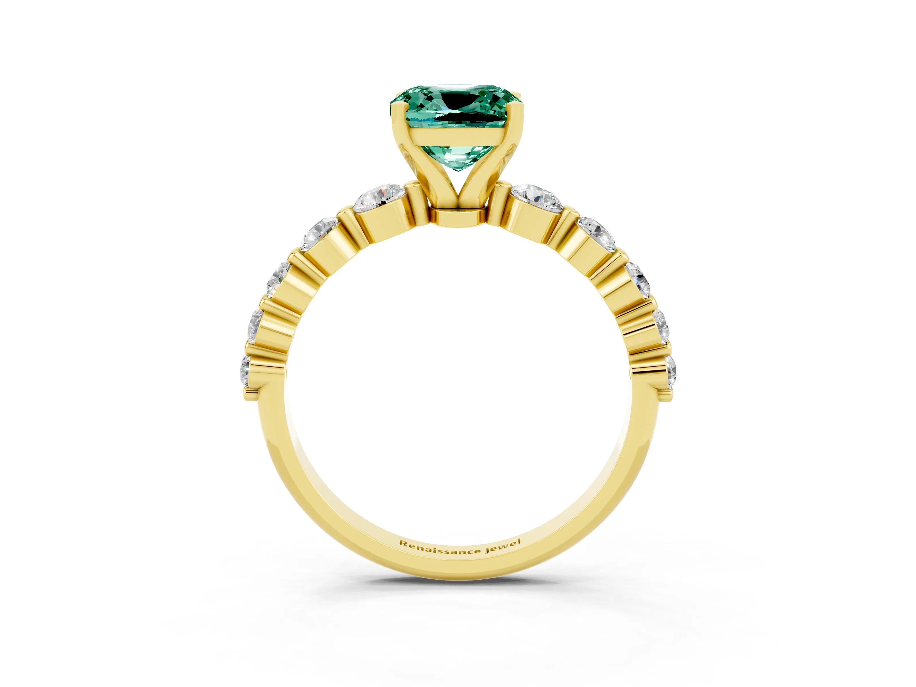 Yellow gold Cushion Cut Solitaire Green Sapphire Ring with Pave Band and Four-Prong Setting_3