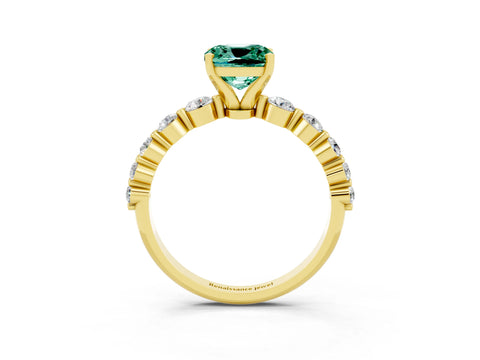 Yellow gold Cushion Cut Solitaire Green Sapphire Ring with Pave Band and Four-Prong Setting_3